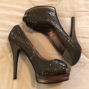 Lulu Townsend Peep Toe Grey Sequins & Satin Heels